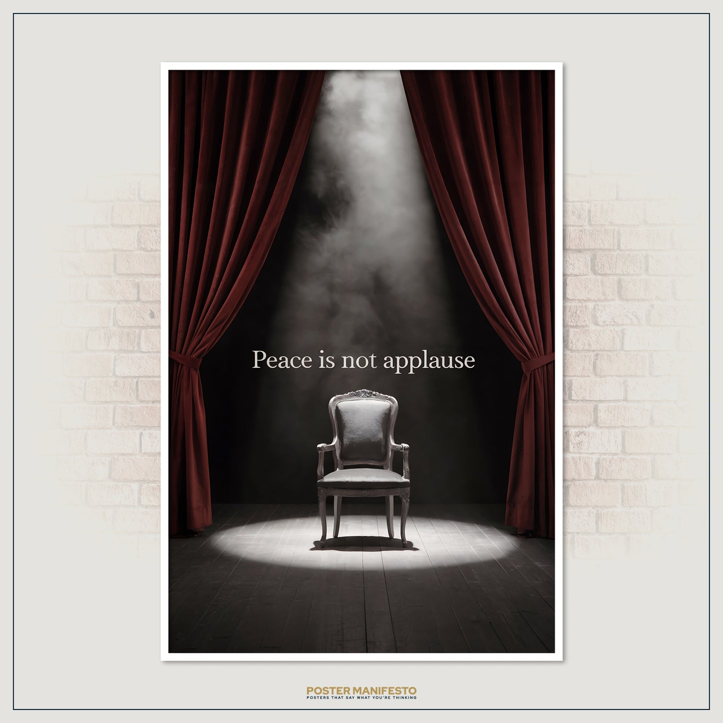 Modern conceptual artwork depicting an empty chair on stage, lit dramatically, with bold yet understated typography.