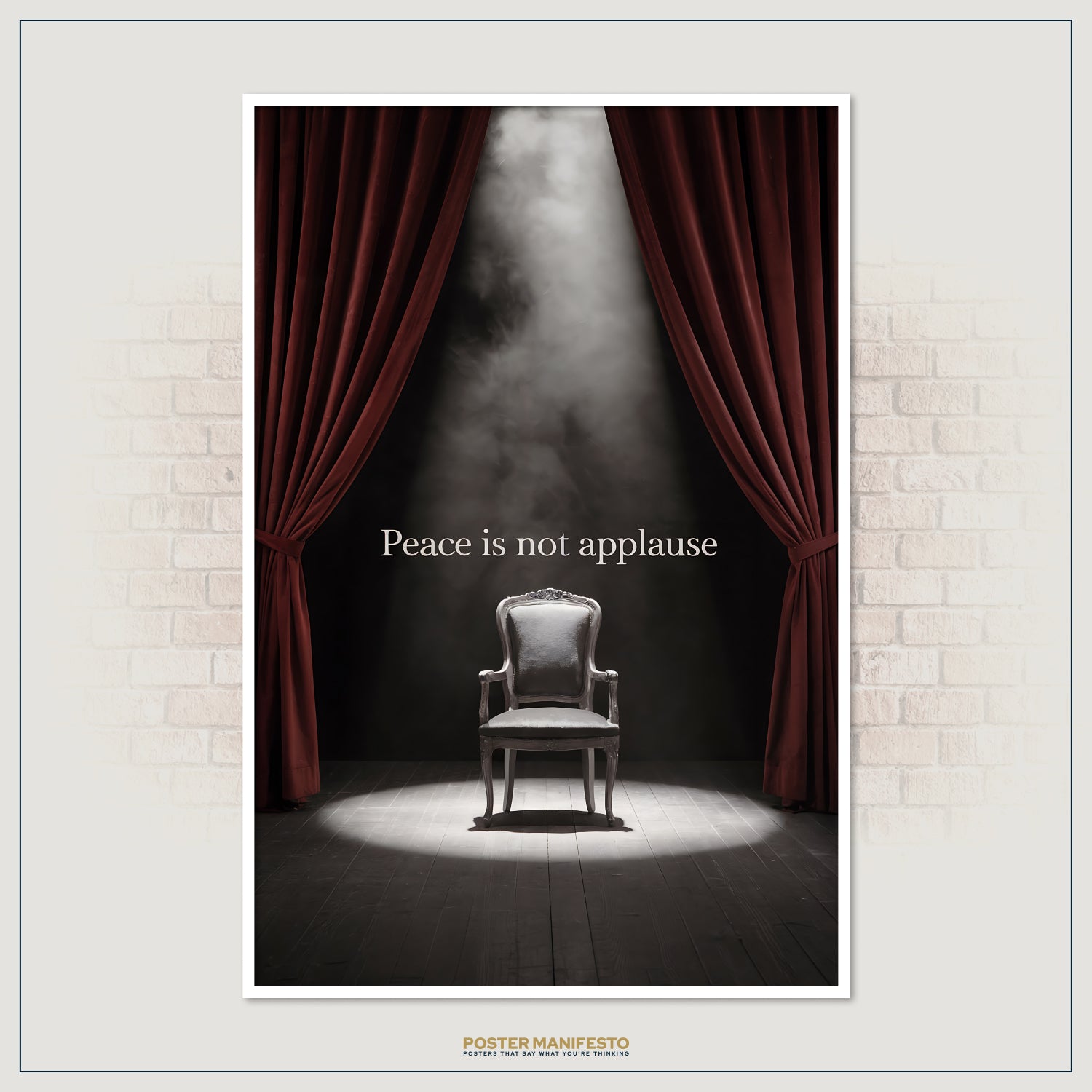 Modern conceptual artwork depicting an empty chair on stage, lit dramatically, with bold yet understated typography.
