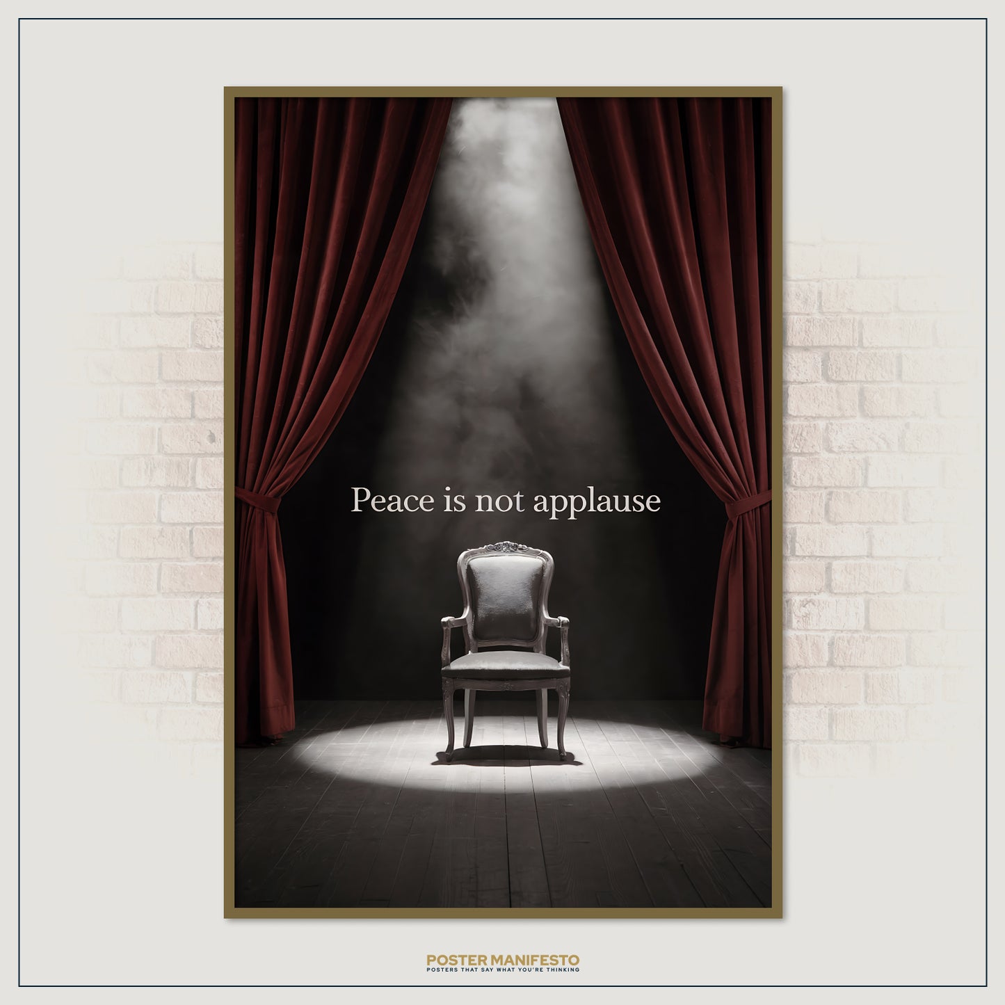 Serene and reflective poster of a spotlighted chair framed by red curtains, featuring a quote about peace and self-worth.