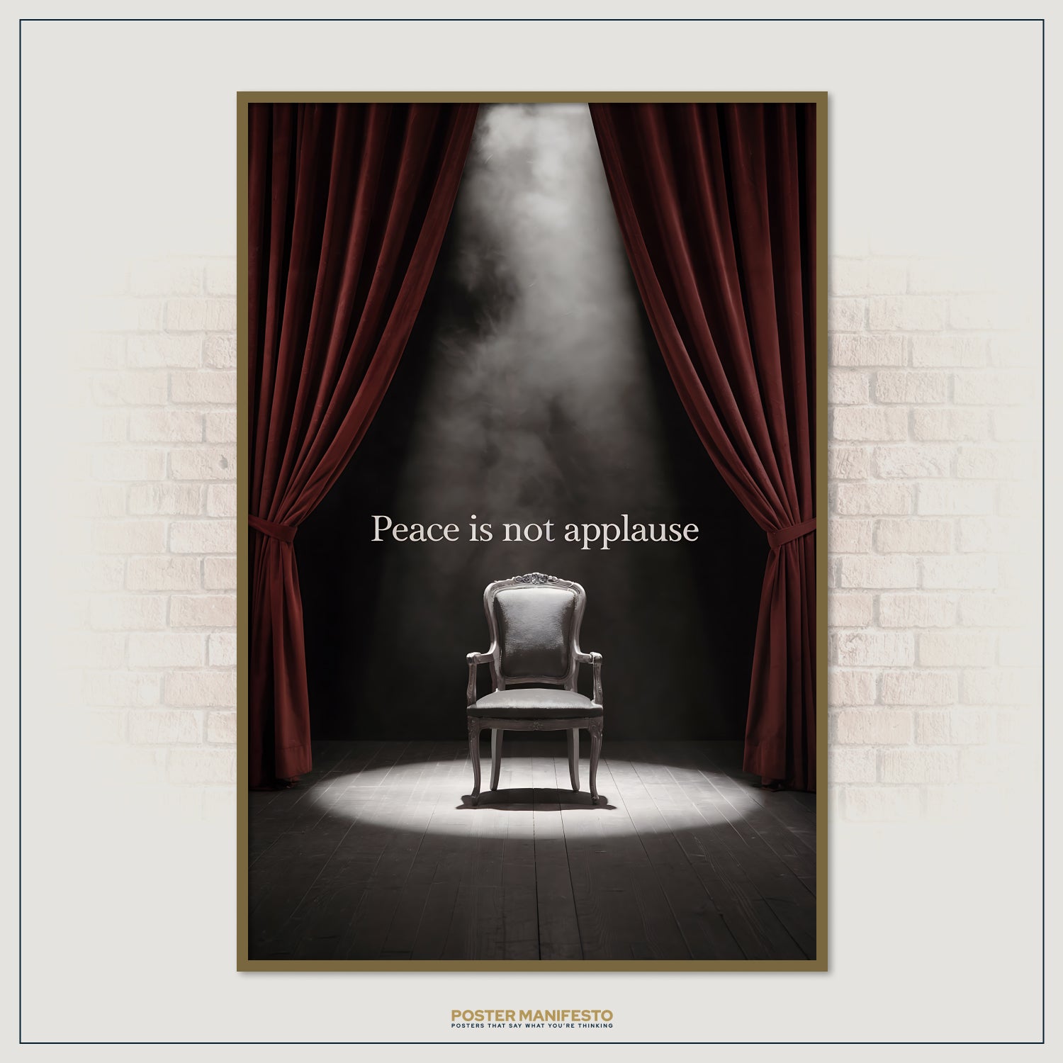 Serene and reflective poster of a spotlighted chair framed by red curtains, featuring a quote about peace and self-worth.