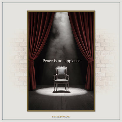 Serene and reflective poster of a spotlighted chair framed by red curtains, featuring a quote about peace and self-worth.