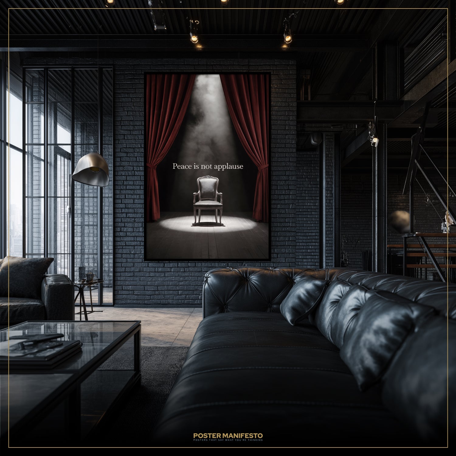 Modern living room with a dark brick wall, black leather sofa, and a prominent poster with red curtains and text.