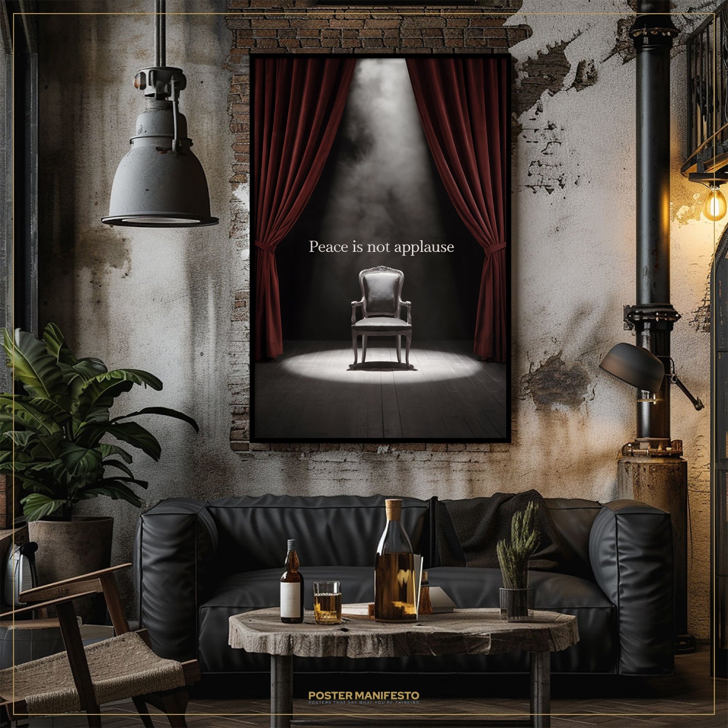 Living room with a dark sofa, wooden coffee table, and framed poster on the wall.
