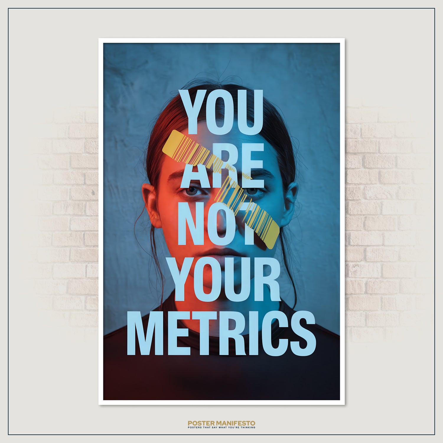 Creative conceptual print using color contrast and a barcode across the eyes to symbolize data-driven dehumanization, with large impactful text.