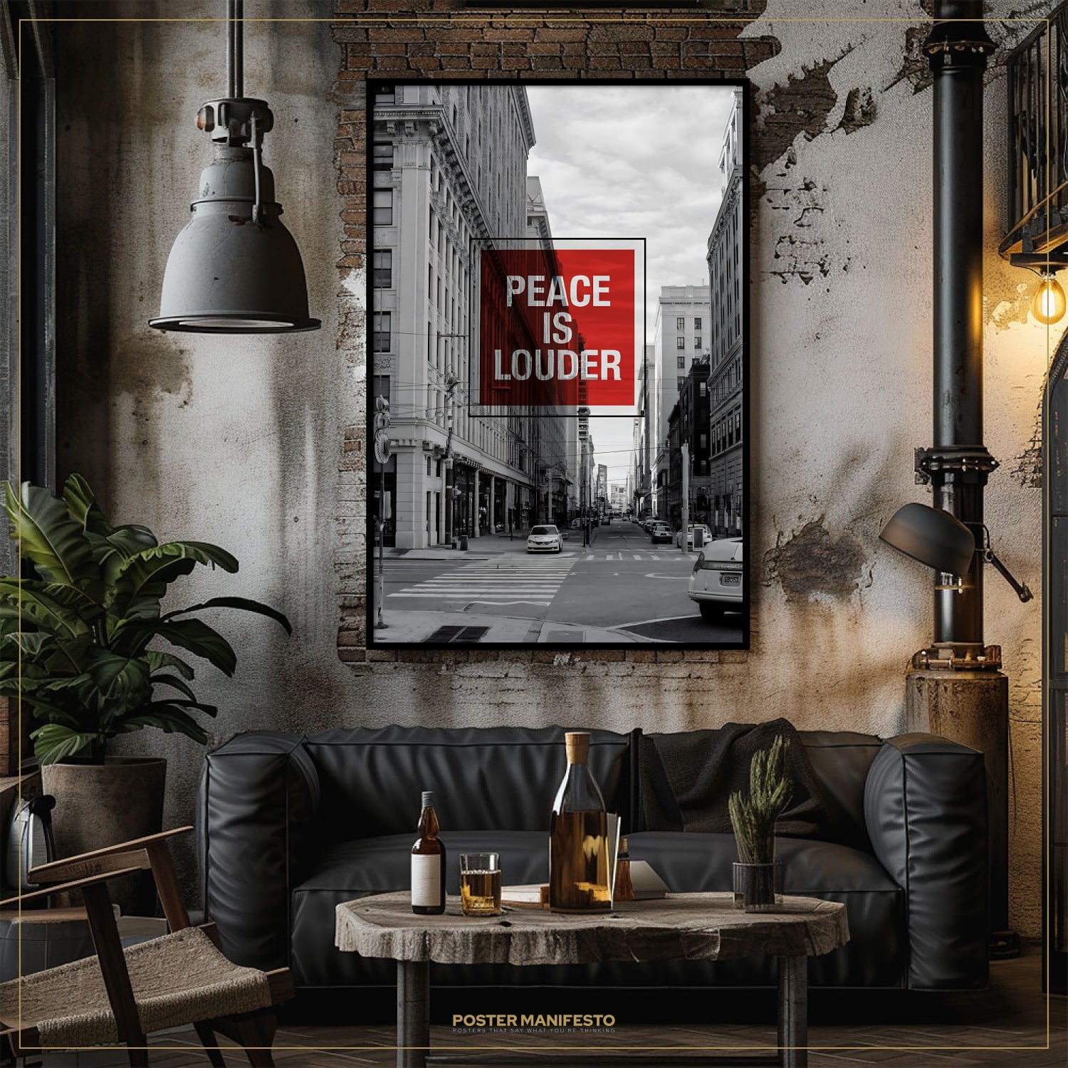 Living room with a black leather sofa, wooden coffee table, and framed poster on the wall.
