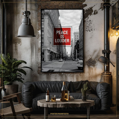Living room with a black leather sofa, wooden coffee table, and framed poster on the wall.