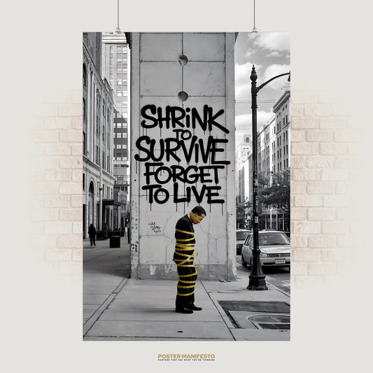 Black-and-white city street scene with graffiti reading “Shrink to Survive, Forget to Live” and a man wrapped in yellow caution tape.