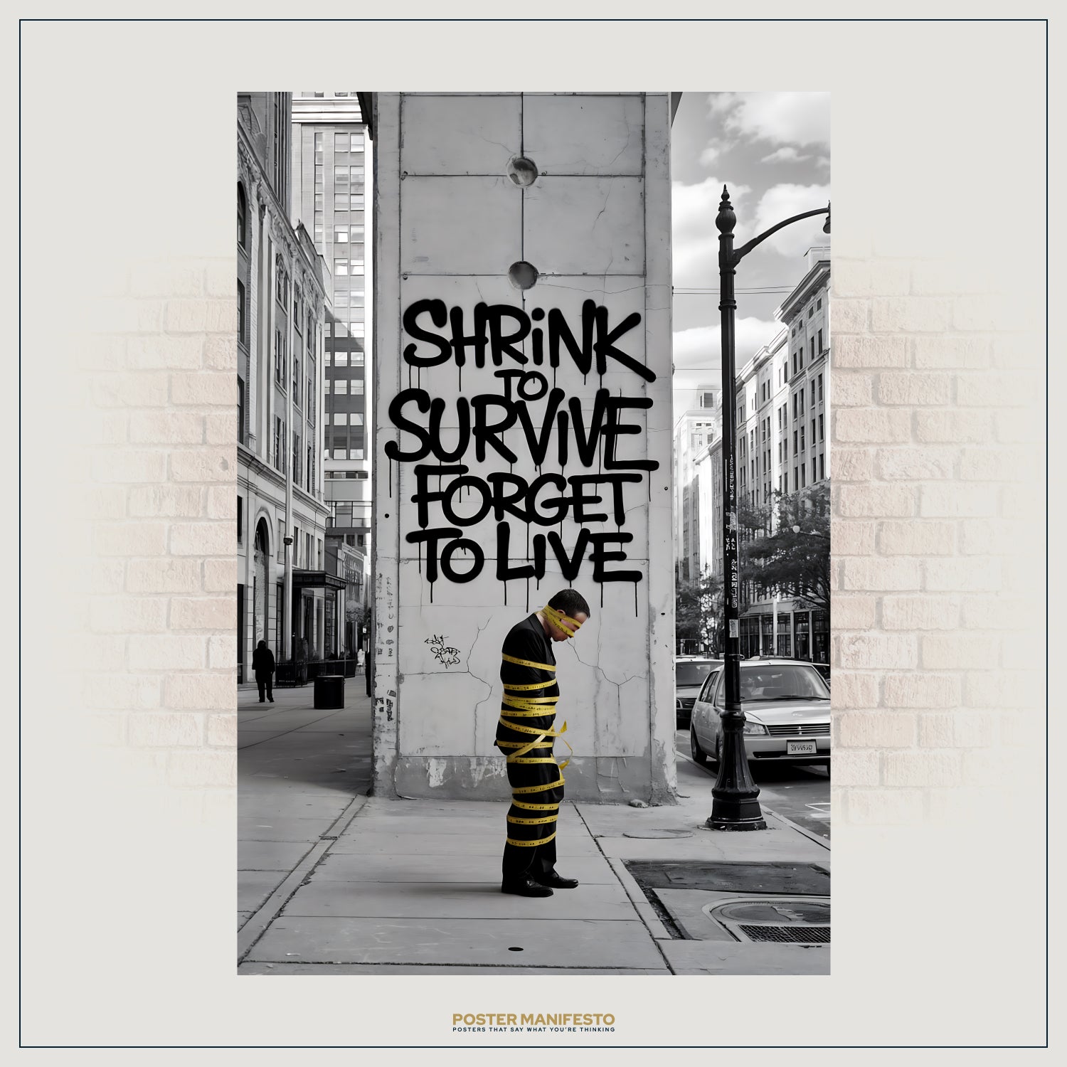 Urban photography poster featuring bold graffiti text and a solitary figure bound in yellow tape.