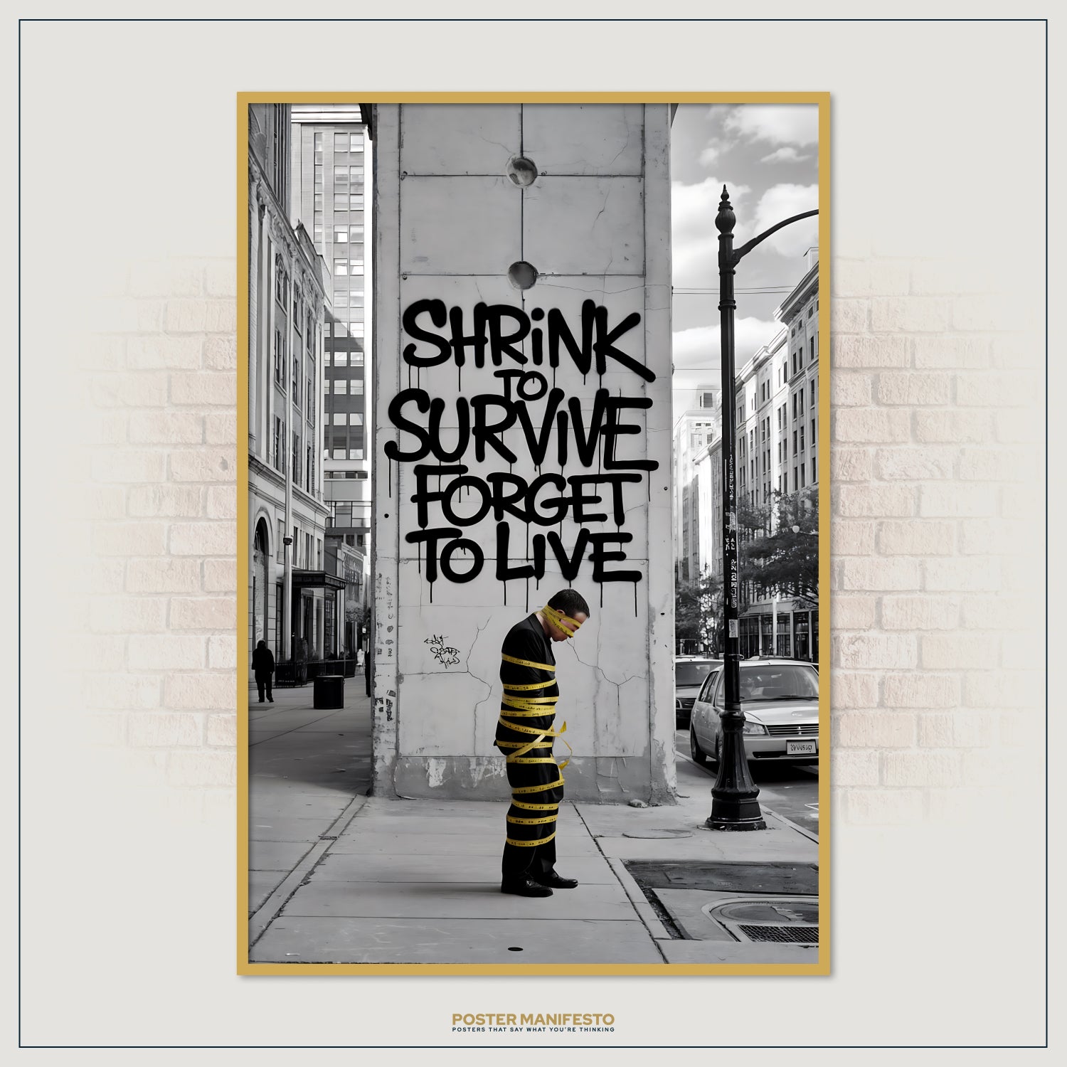 City street wall art with a monochrome background, powerful graffiti, and a pop of yellow.