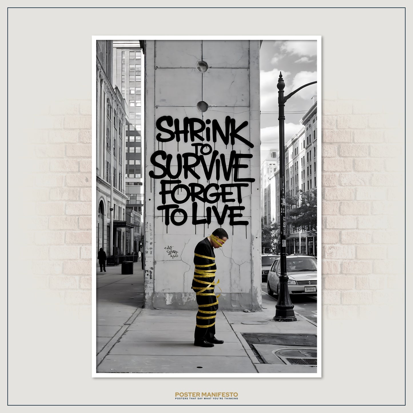 Grayscale urban scene with impactful graffiti message and a man symbolically restricted with caution tape.