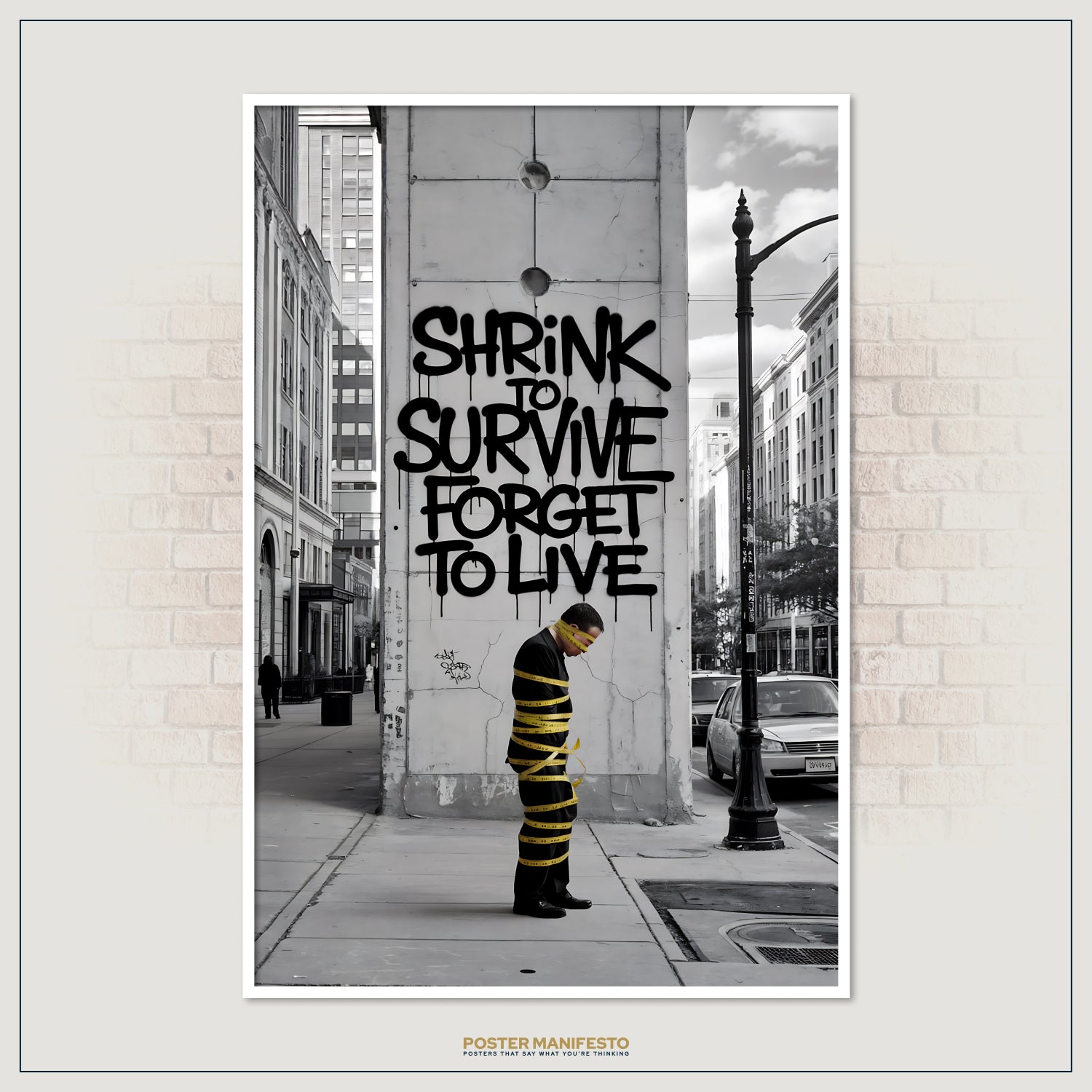 Grayscale urban scene with impactful graffiti message and a man symbolically restricted with caution tape.
