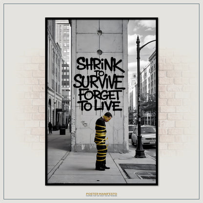 Poster with text 'Shrink to survive, forget to live' on a city street background.