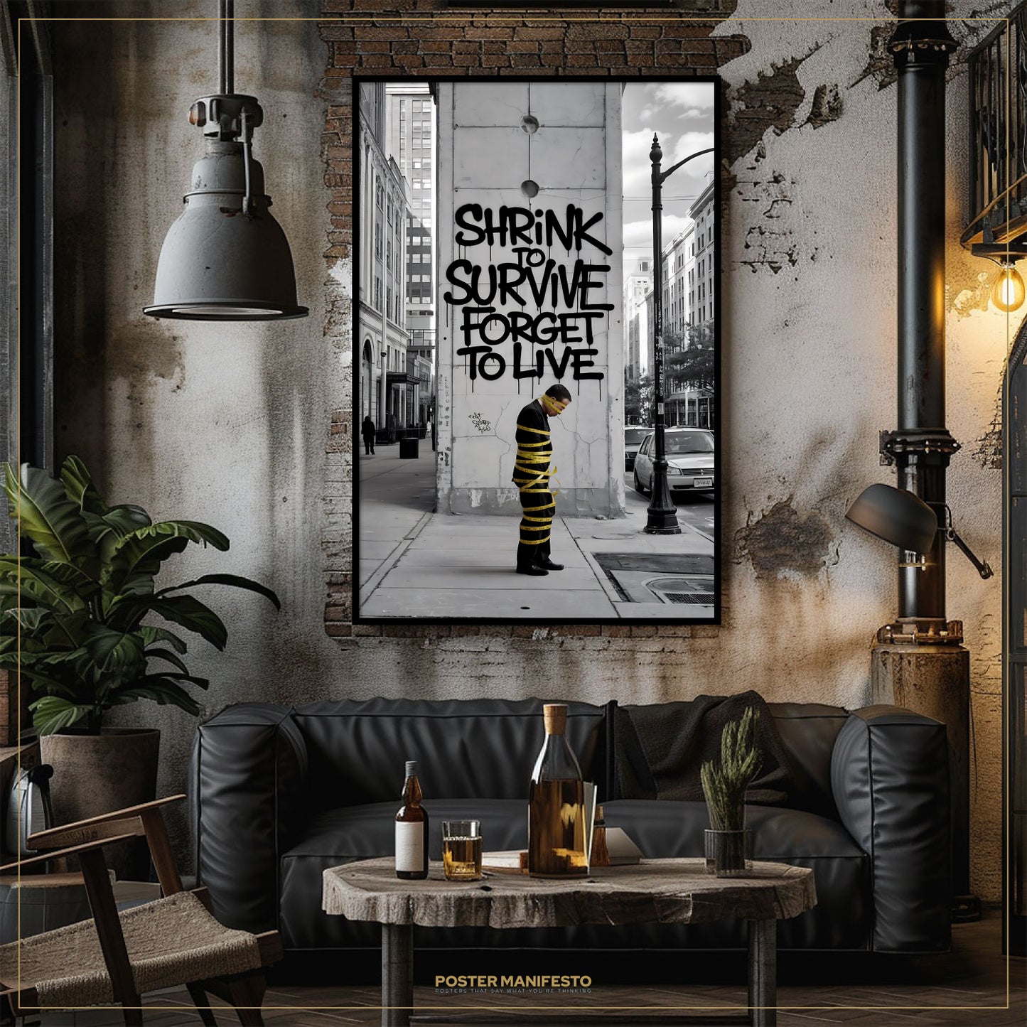 Living room with a black leather sofa, wooden coffee table, and framed poster on the wall.