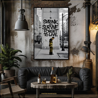 Living room with a black leather sofa, wooden coffee table, and framed poster on the wall.