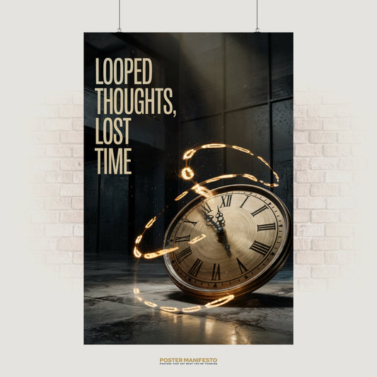 Motivational poster featuring a glowing spinning clock with the phrase “Looped Thoughts, Lost Time,” symbolizing the cost of overthinking.