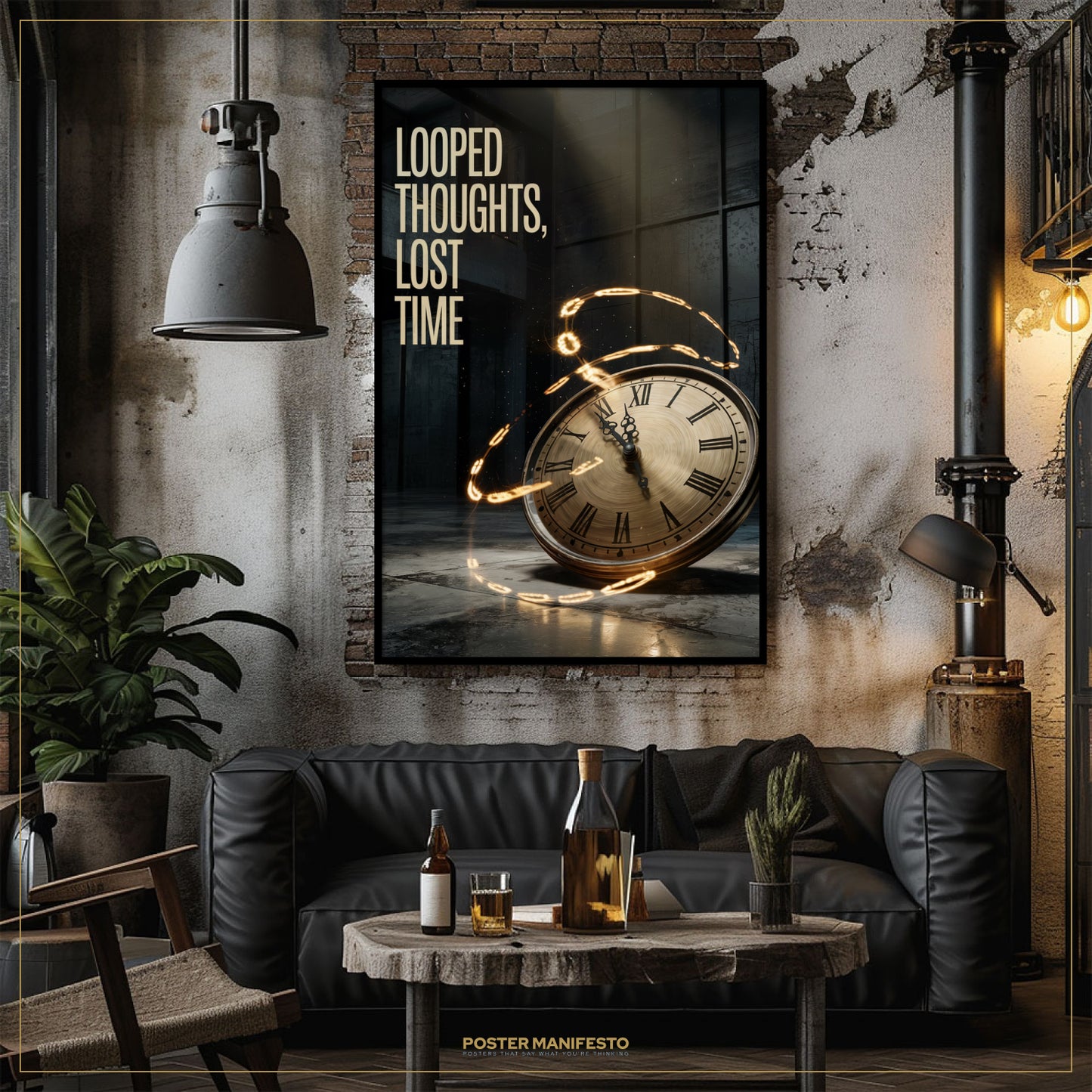 Living room with a dark leather sofa, wooden coffee table, and wall art featuring a clock and text.