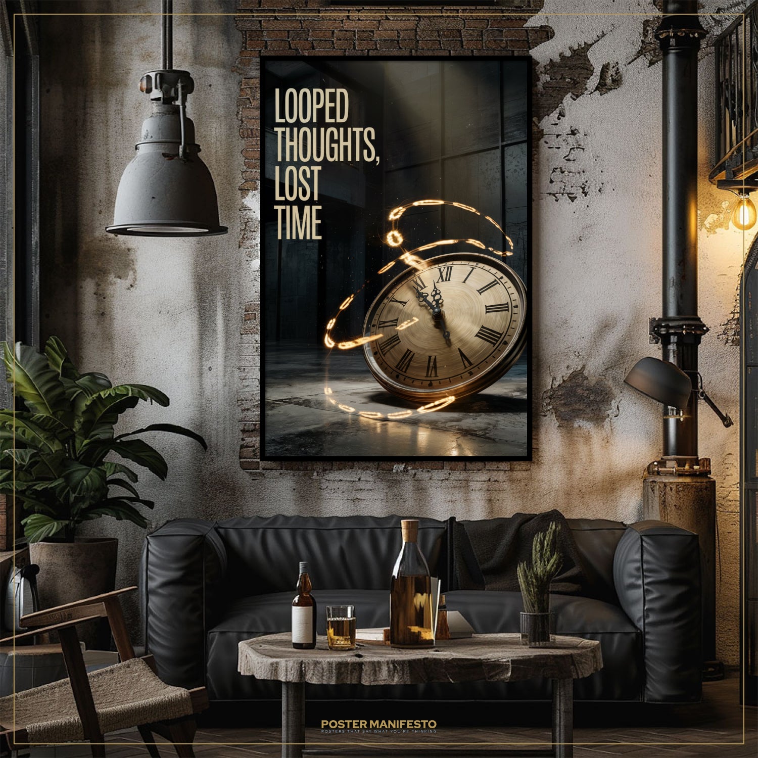 Living room with a dark leather sofa, wooden coffee table, and wall art featuring a clock and text.