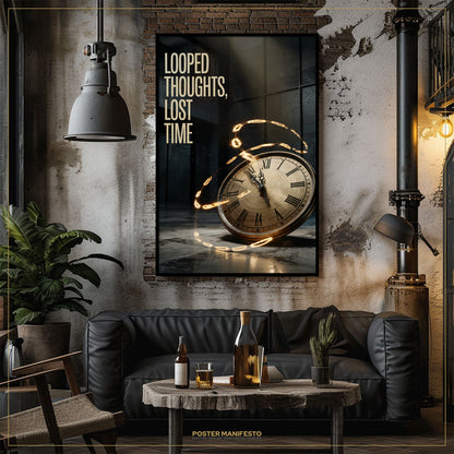 Living room with a dark leather sofa, wooden coffee table, and wall art featuring a clock and text.