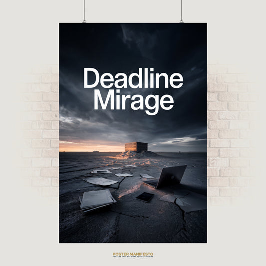 Motivational poster showing a surreal desert scene with scattered papers, a broken laptop, and the words “Deadline Mirage.”