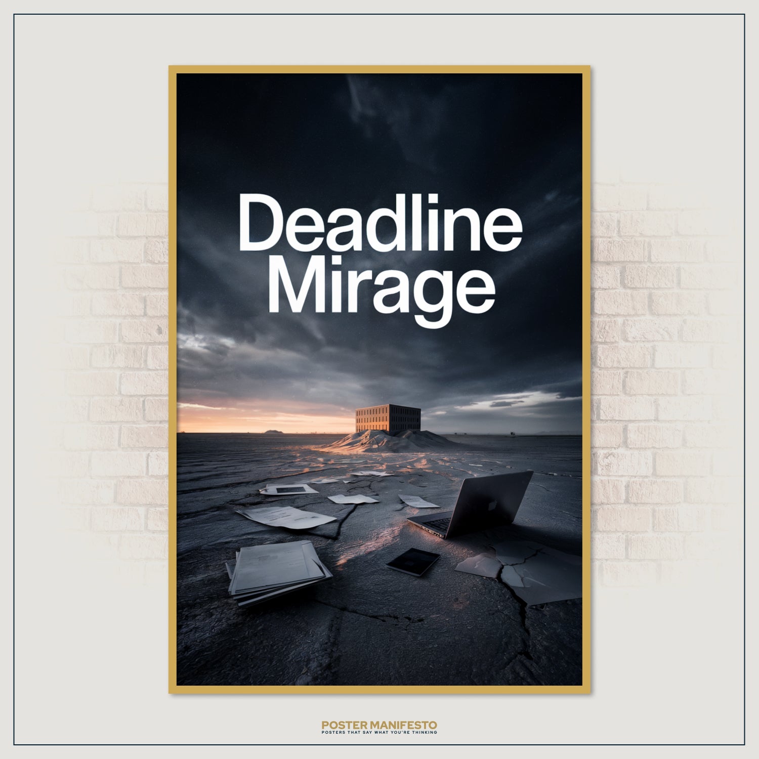 Surreal motivational print featuring abandoned office tools in a desert landscape with a bold quote about deadlines.