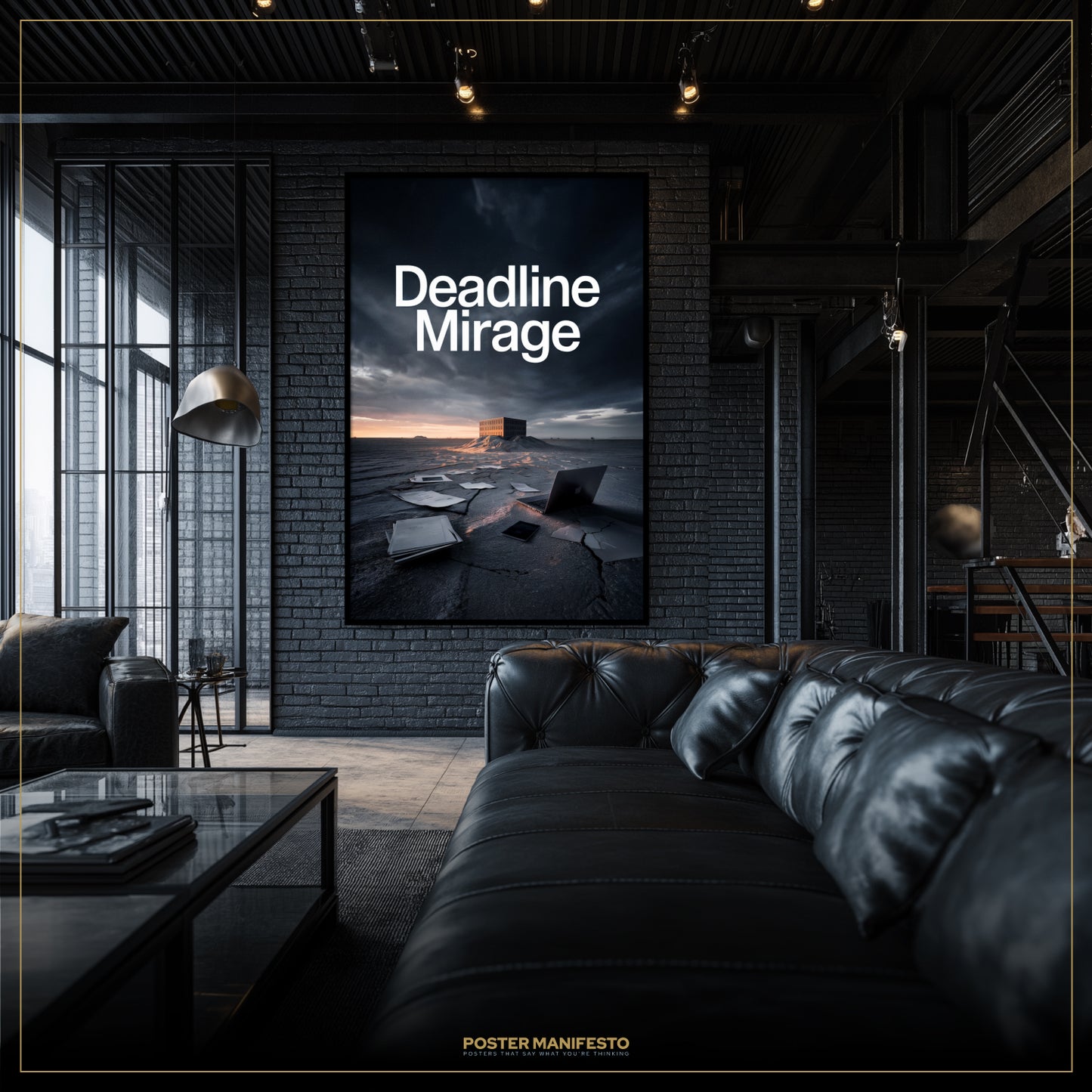 Modern living room with a 'Deadline Mirage' poster on a brick wall.