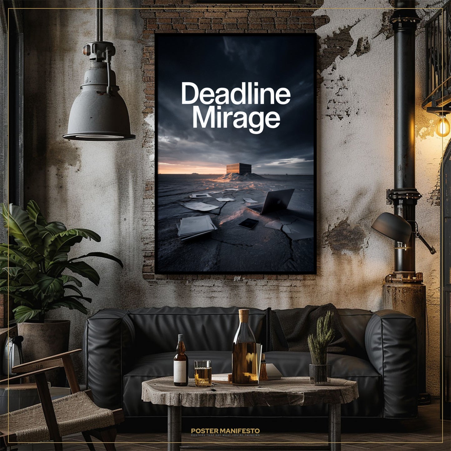 Living room with 'Deadline Mirage' poster on the wall, black sofa, and wooden table.