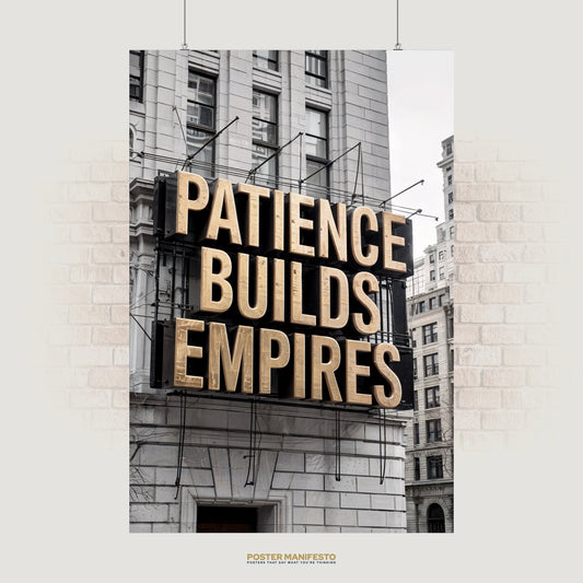 Motivational poster with gold block letters reading “Patience Builds Empires” against an urban city background.