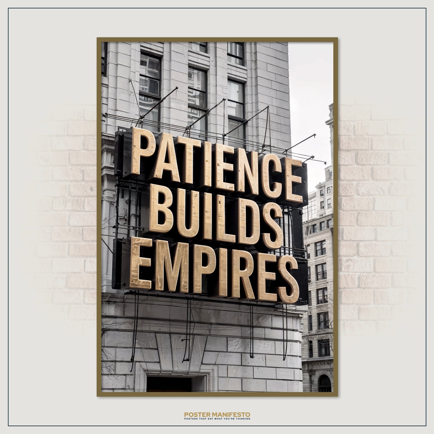 Inspirational office poster with bold typography emphasizing discipline, patience, and ambition.