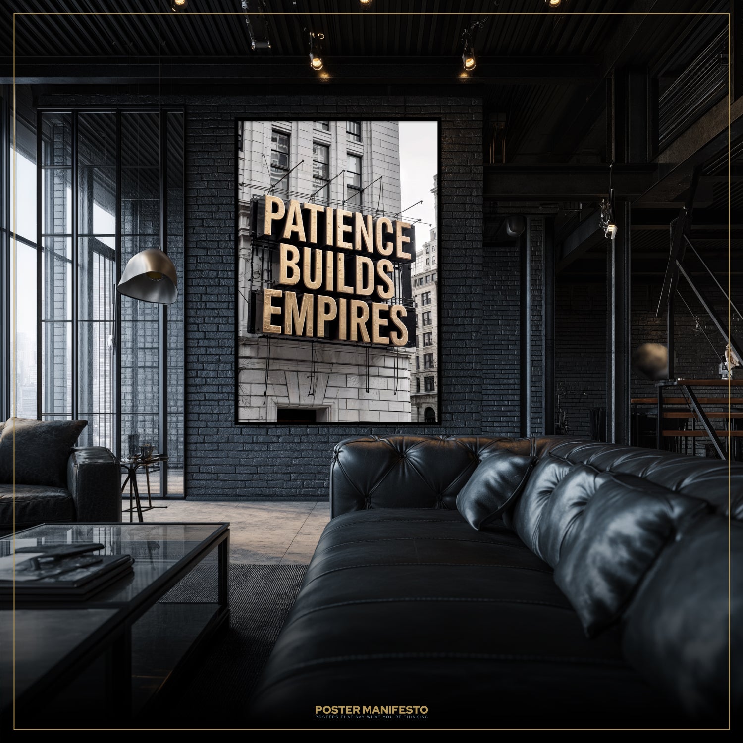 Modern living room with a motivational poster on the wall