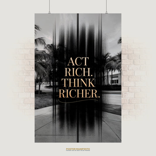 Motivational poster with elegant gold typography stating “Act Rich. Think Richer.” against a sleek background.
