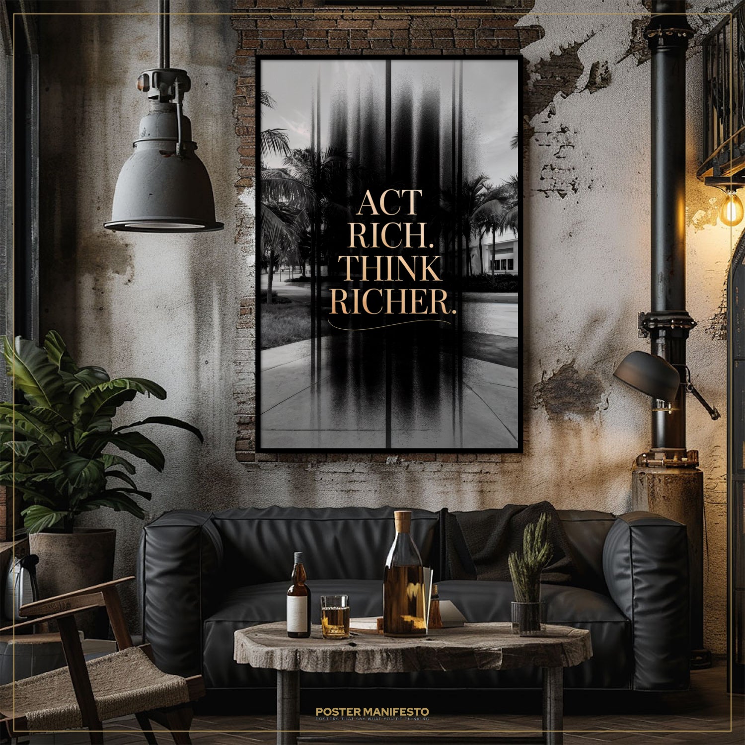 Living room with a black leather sofa, wooden coffee table, and motivational poster on the wall.