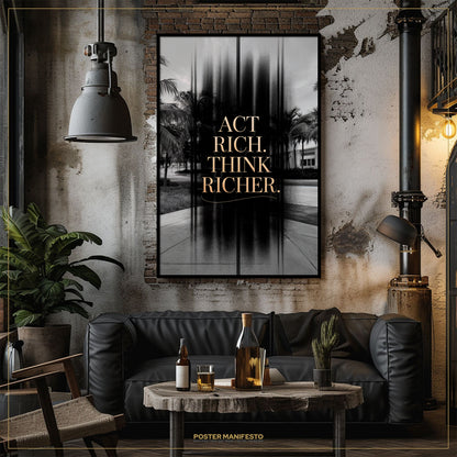 Living room with a black leather sofa, wooden coffee table, and motivational poster on the wall.