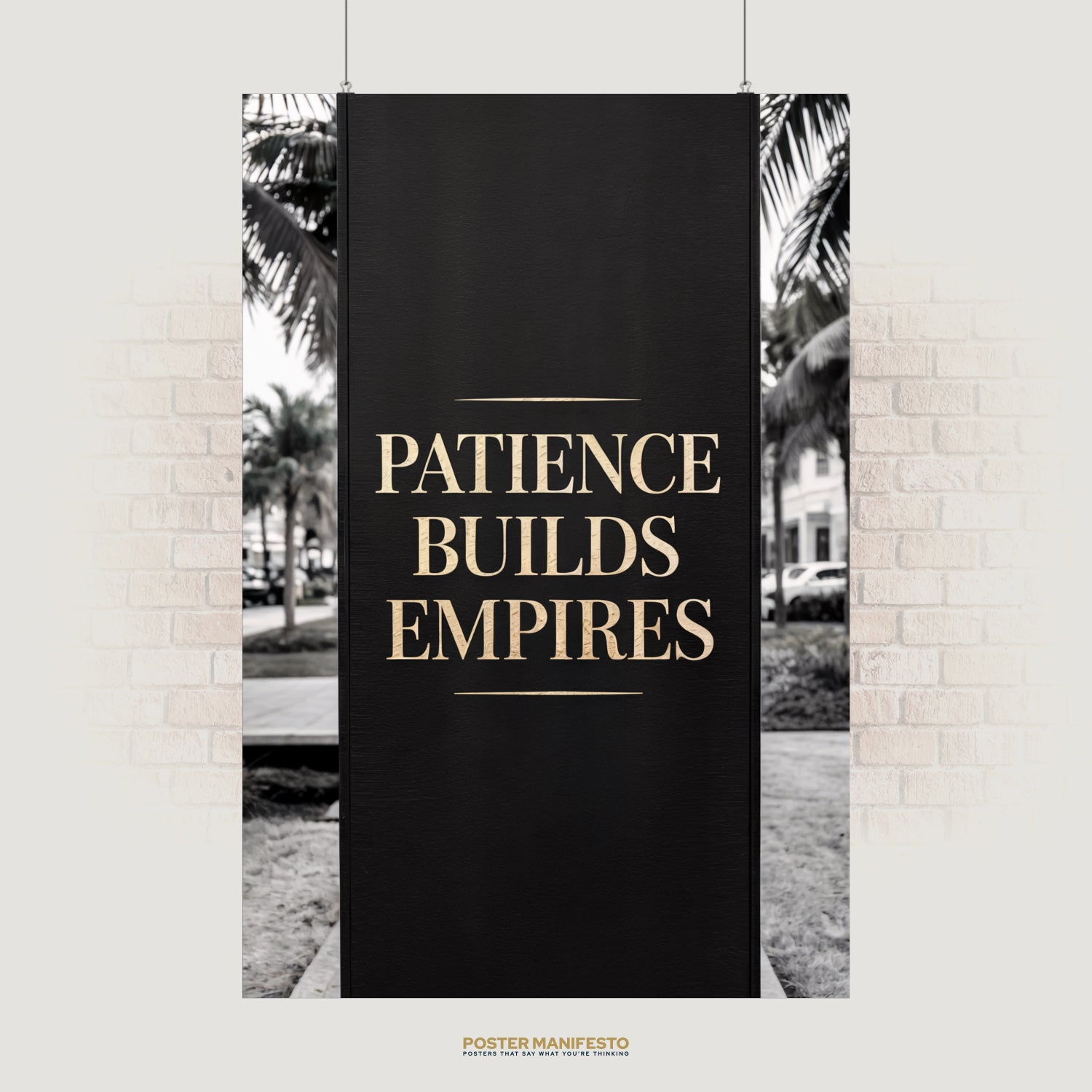 Motivational poster with gold typography reading “Patience Builds Empires” on a black minimalist background.