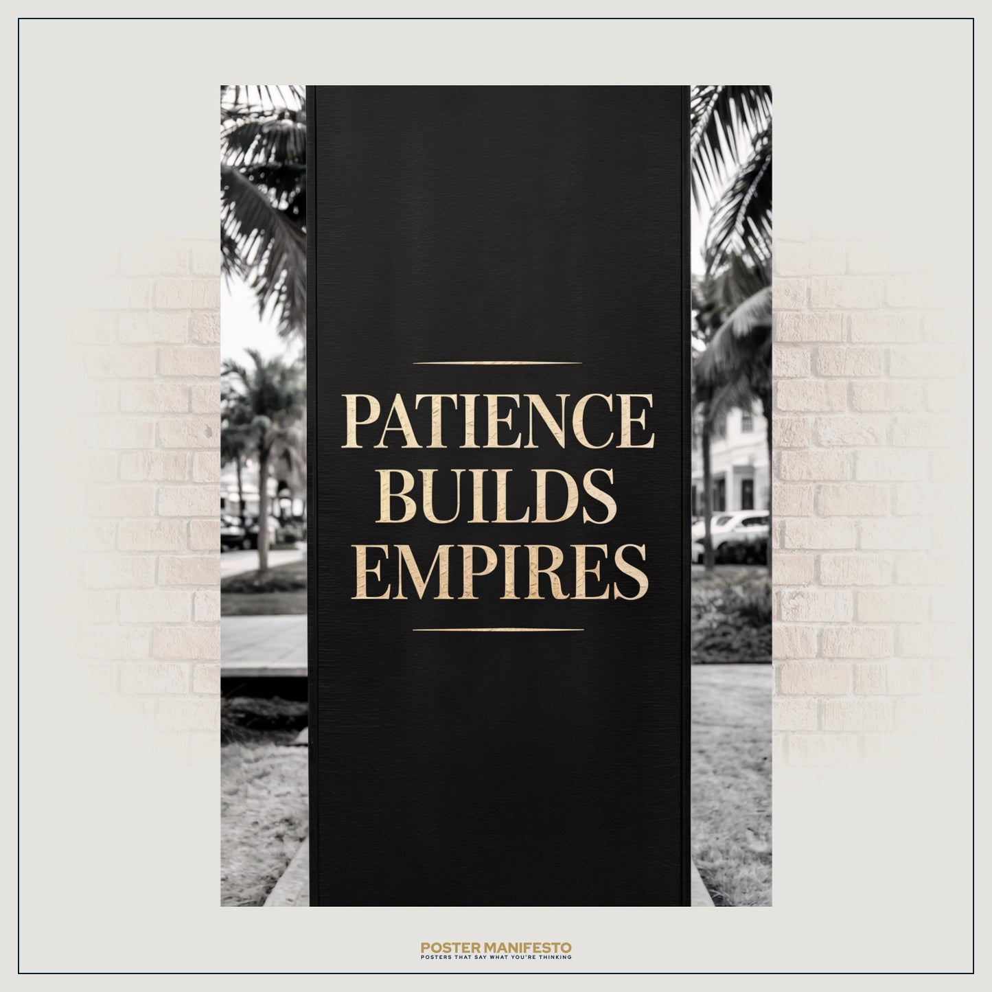 Elegant black and gold wall art featuring inspirational text about patience and success.