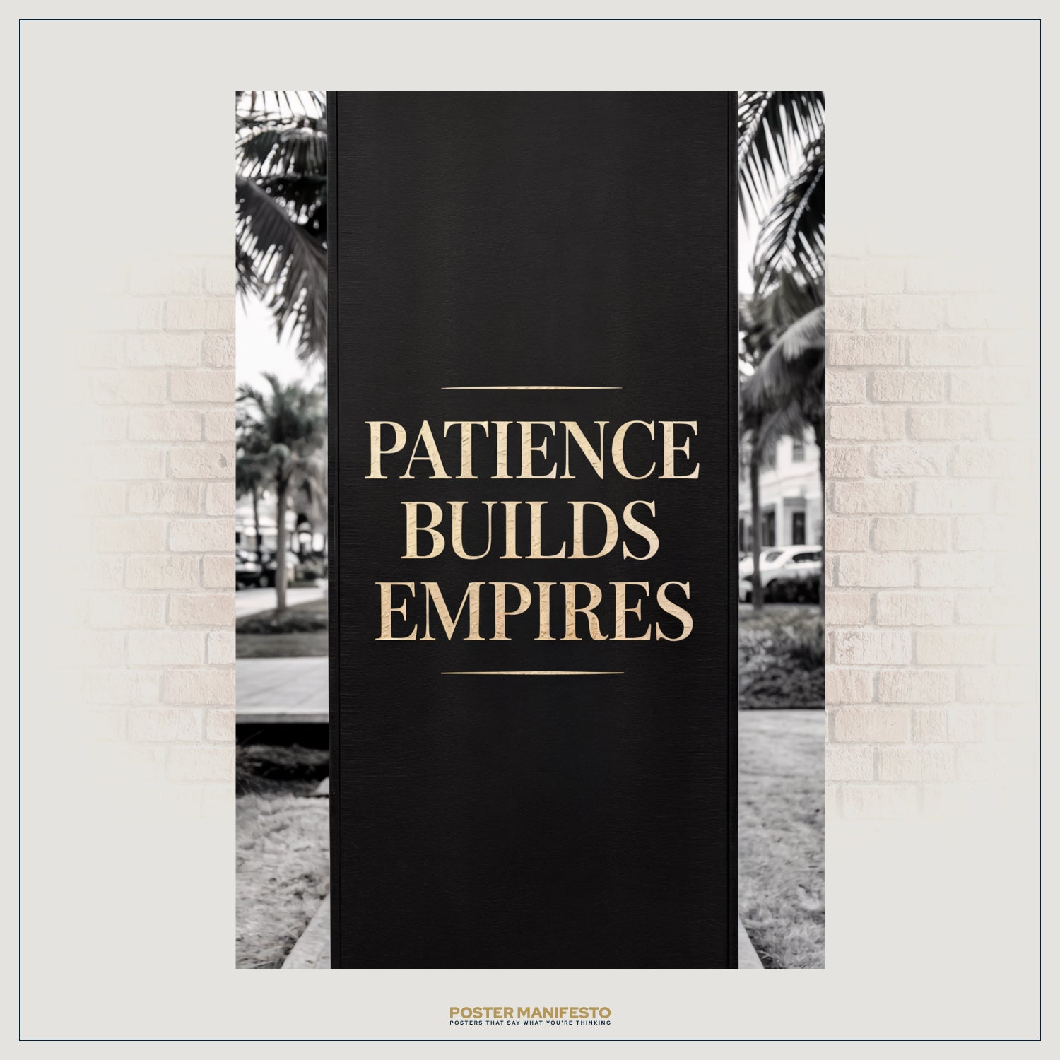 Elegant black and gold wall art featuring inspirational text about patience and success.