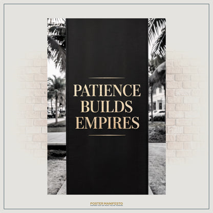 Elegant black and gold wall art featuring inspirational text about patience and success.