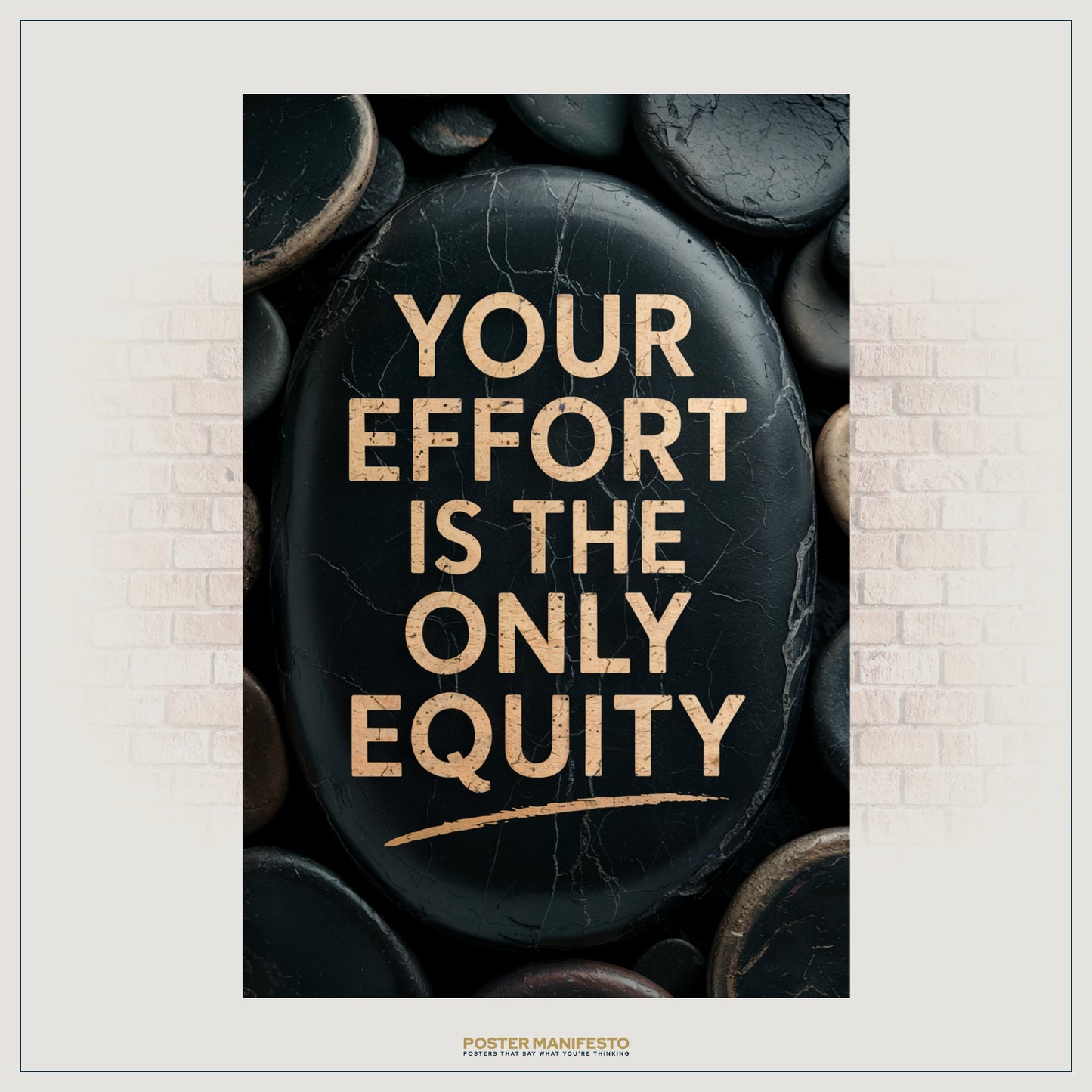 Inspirational wall art featuring bold typography carved into sleek black stone.