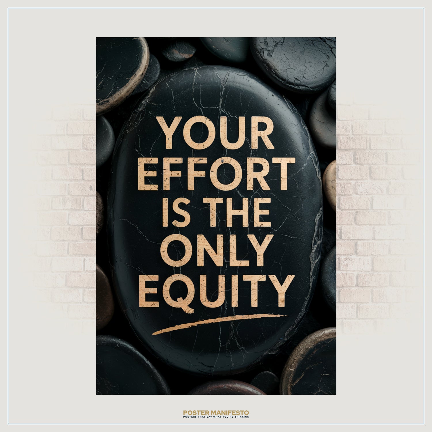 Inspirational wall art featuring bold typography carved into sleek black stone.