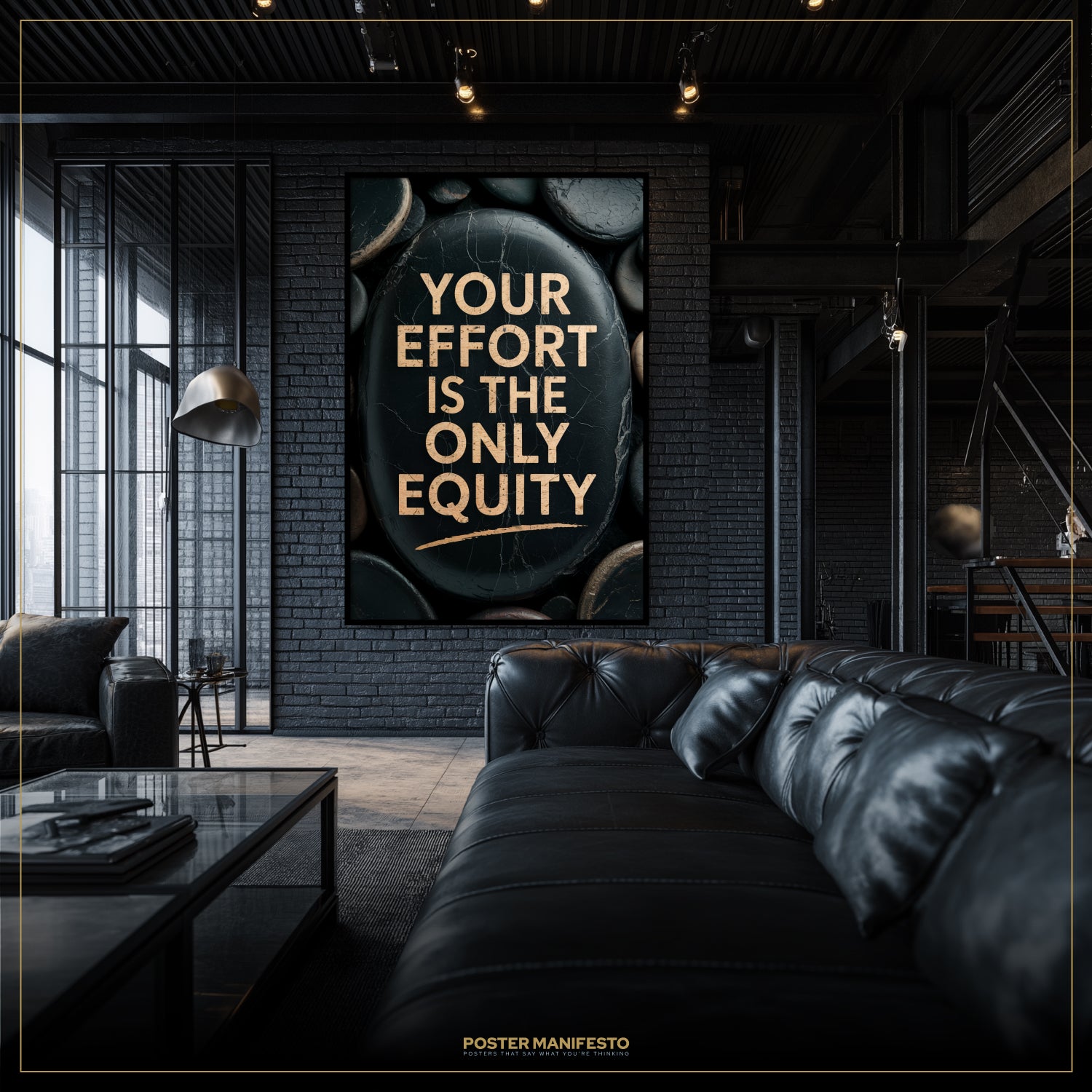 Modern interior with a motivational poster on a brick wall