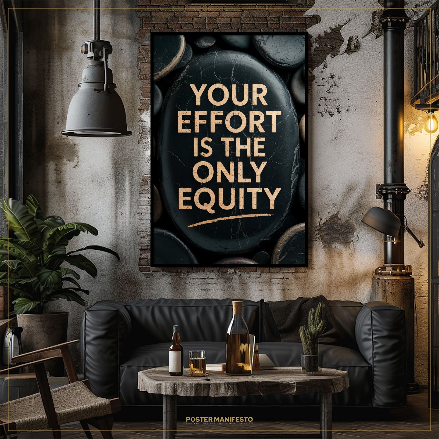 Living room with a motivational poster on the wall, a couch, and a coffee table with drinks.
