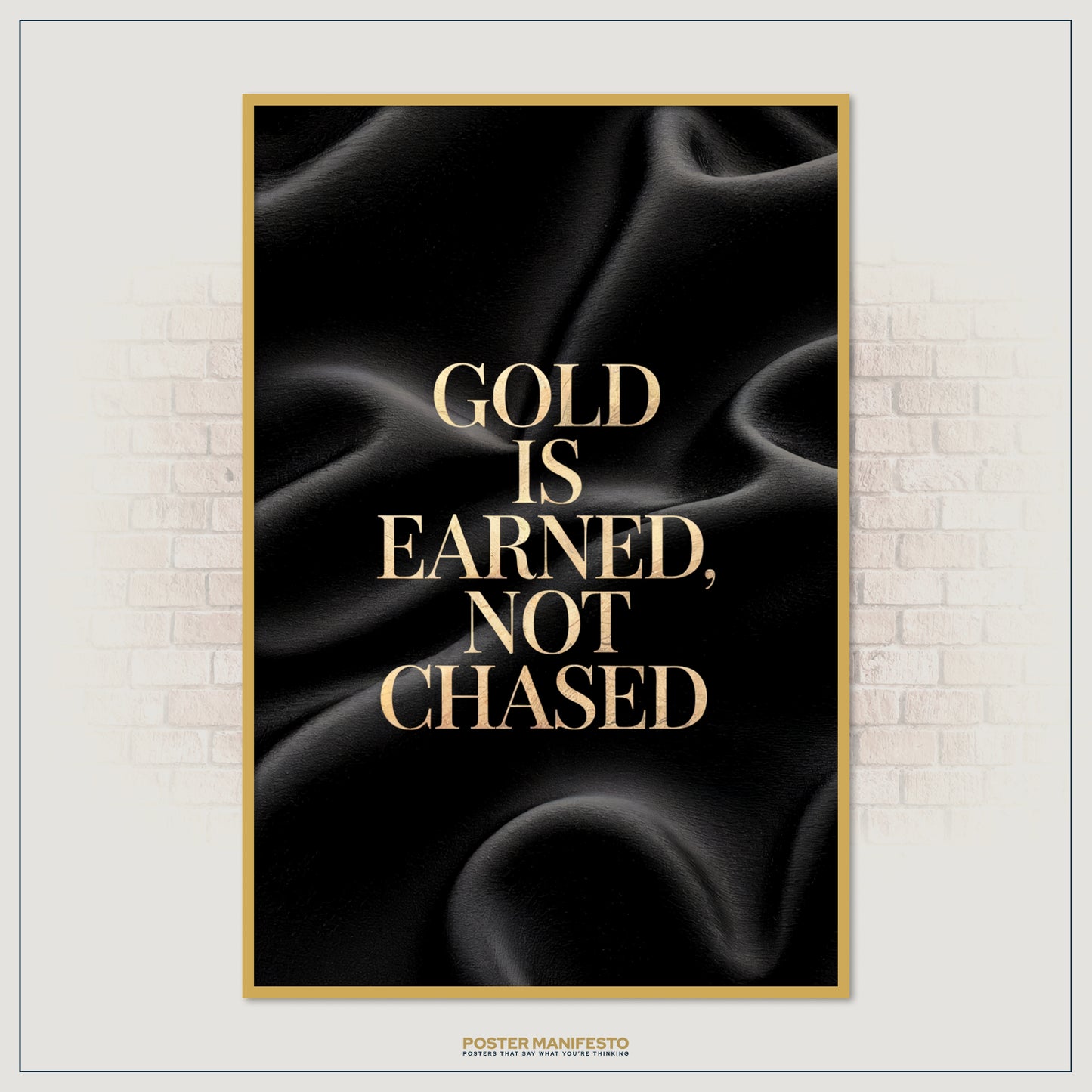 Inspirational luxury poster with textured silk backdrop and striking golden typography, reminding viewers that wealth is achieved through persistence, not shortcuts.