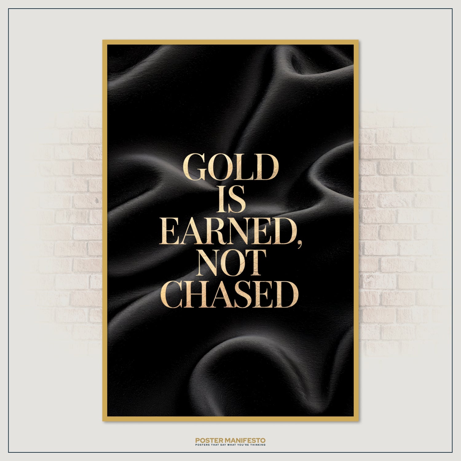 Inspirational luxury poster with textured silk backdrop and striking golden typography, reminding viewers that wealth is achieved through persistence, not shortcuts.