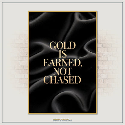 Inspirational luxury poster with textured silk backdrop and striking golden typography, reminding viewers that wealth is achieved through persistence, not shortcuts.