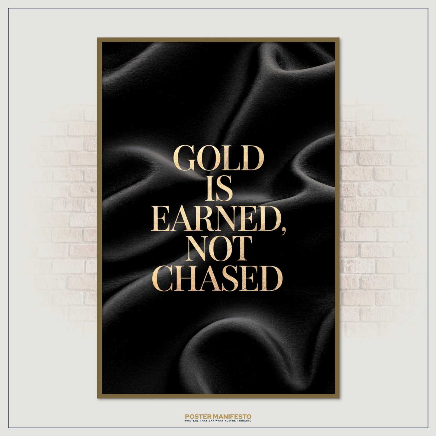 Sophisticated poster design with motivational quote in golden letters on dark fabric background, creating a powerful daily reminder of discipline and true wealth-building.