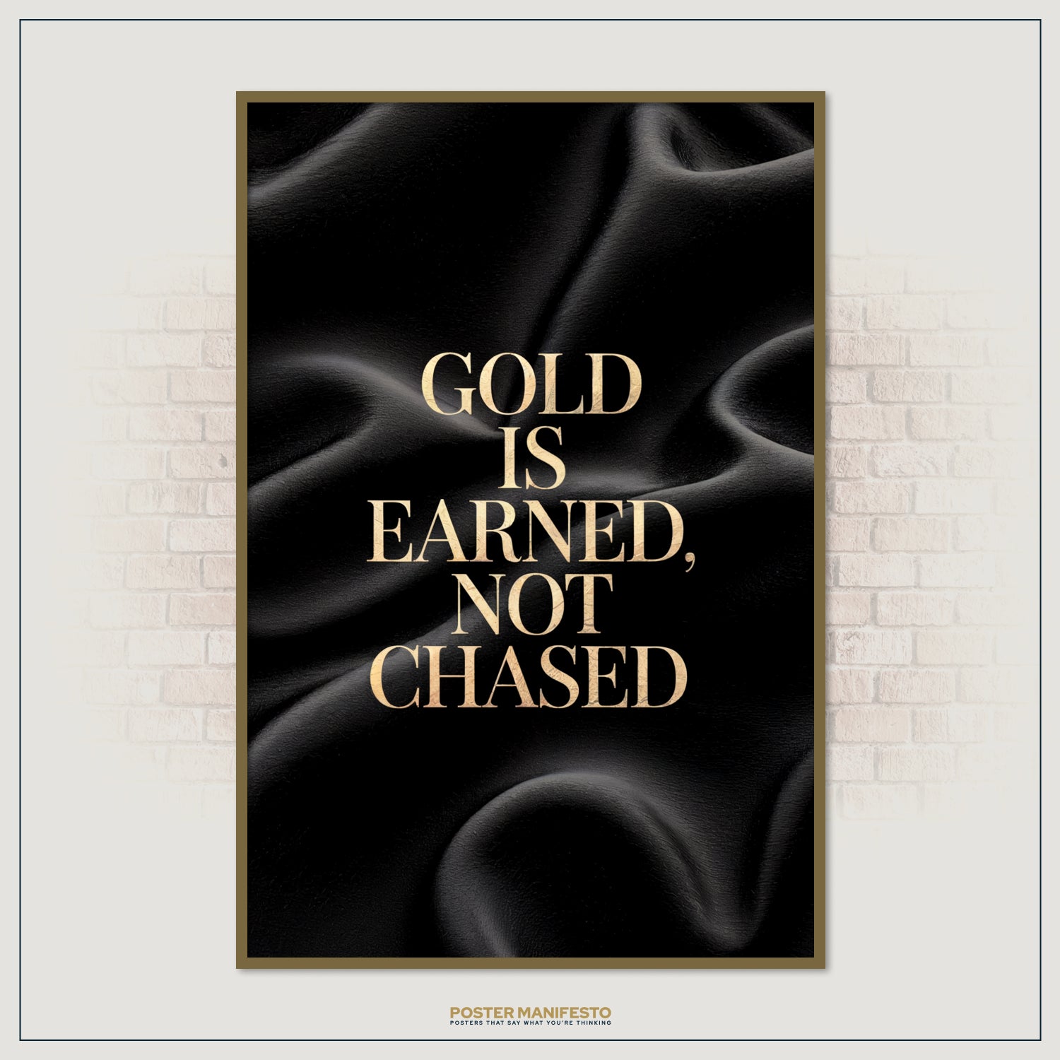 Sophisticated poster design with motivational quote in golden letters on dark fabric background, creating a powerful daily reminder of discipline and true wealth-building.