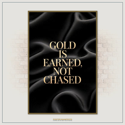Sophisticated poster design with motivational quote in golden letters on dark fabric background, creating a powerful daily reminder of discipline and true wealth-building.