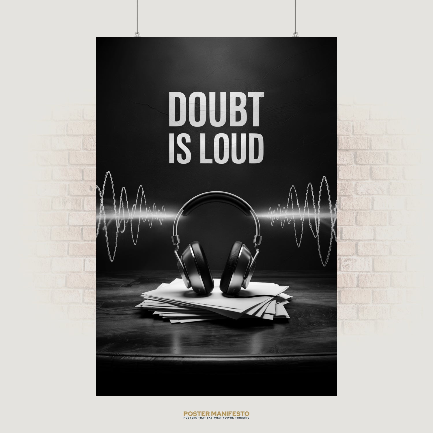 Motivational black and white poster featuring the quote “Doubt Is Loud” with soundwave graphics and headphones, symbolizing the noise of hesitation in contrast with focus.