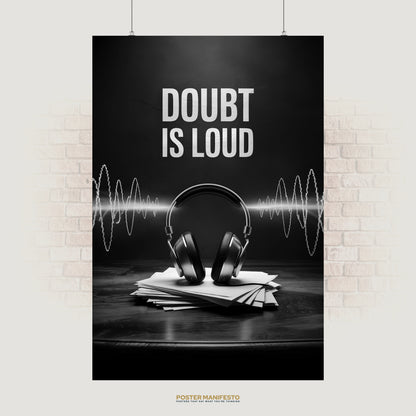 Motivational black and white poster featuring the quote “Doubt Is Loud” with soundwave graphics and headphones, symbolizing the noise of hesitation in contrast with focus.