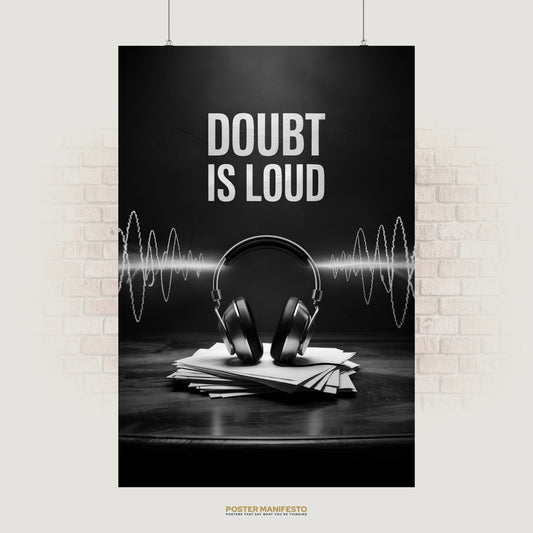 Motivational black and white poster featuring the quote “Doubt Is Loud” with soundwave graphics and headphones, symbolizing the noise of hesitation in contrast with focus.