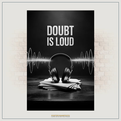 Bold monochrome wall art with the phrase “Doubt Is Loud” above a set of headphones and soundwaves, ideal for entrepreneurs and creators who value clarity over doubt.